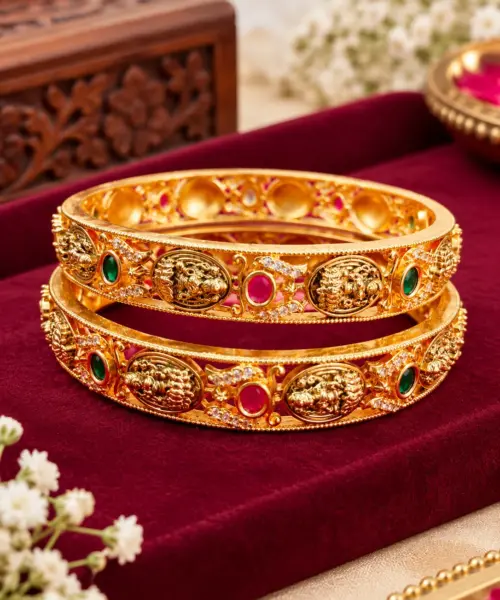Antique Gold-Plated Lakshmi Temple Kada Bangles with Ruby, Emerald & American Diamond Stones