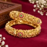 Antique Gold-Plated Intricate Temple Design Kada Bangles with Ruby & Emerald Stones