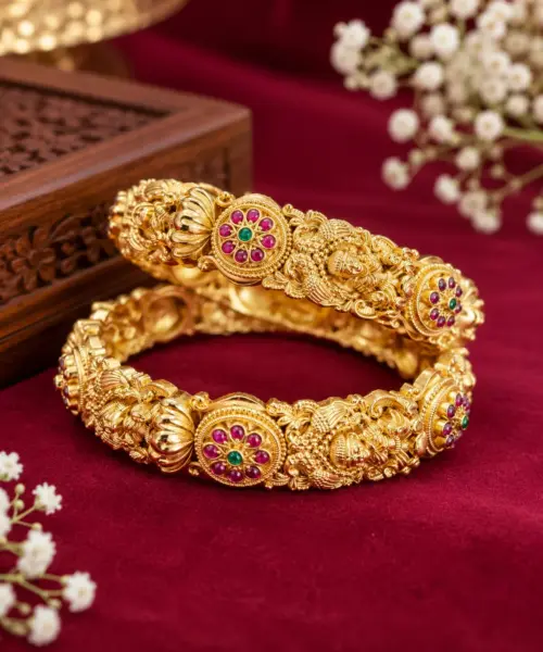 Antique Gold-Plated Intricate Temple Design Kada Bangles with Ruby & Emerald Stones