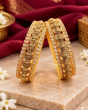Exquisite Antique Lakshmi Coin Temple Gold Bangles with American Diamond Border