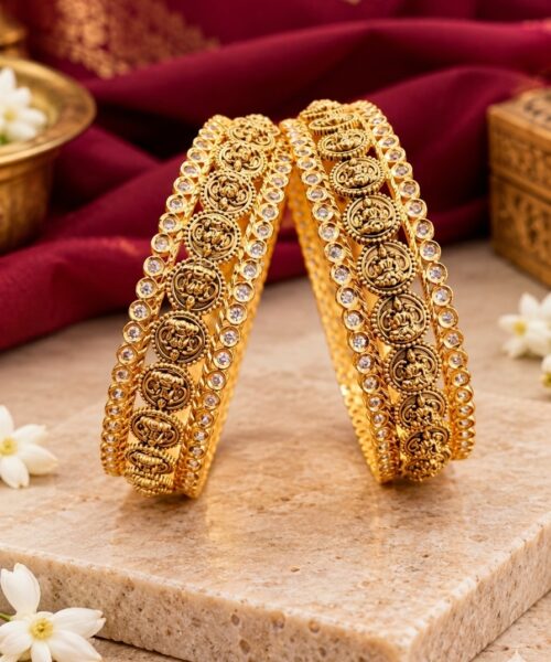 Exquisite Antique Lakshmi Coin Temple Gold Bangles with American Diamond Border
