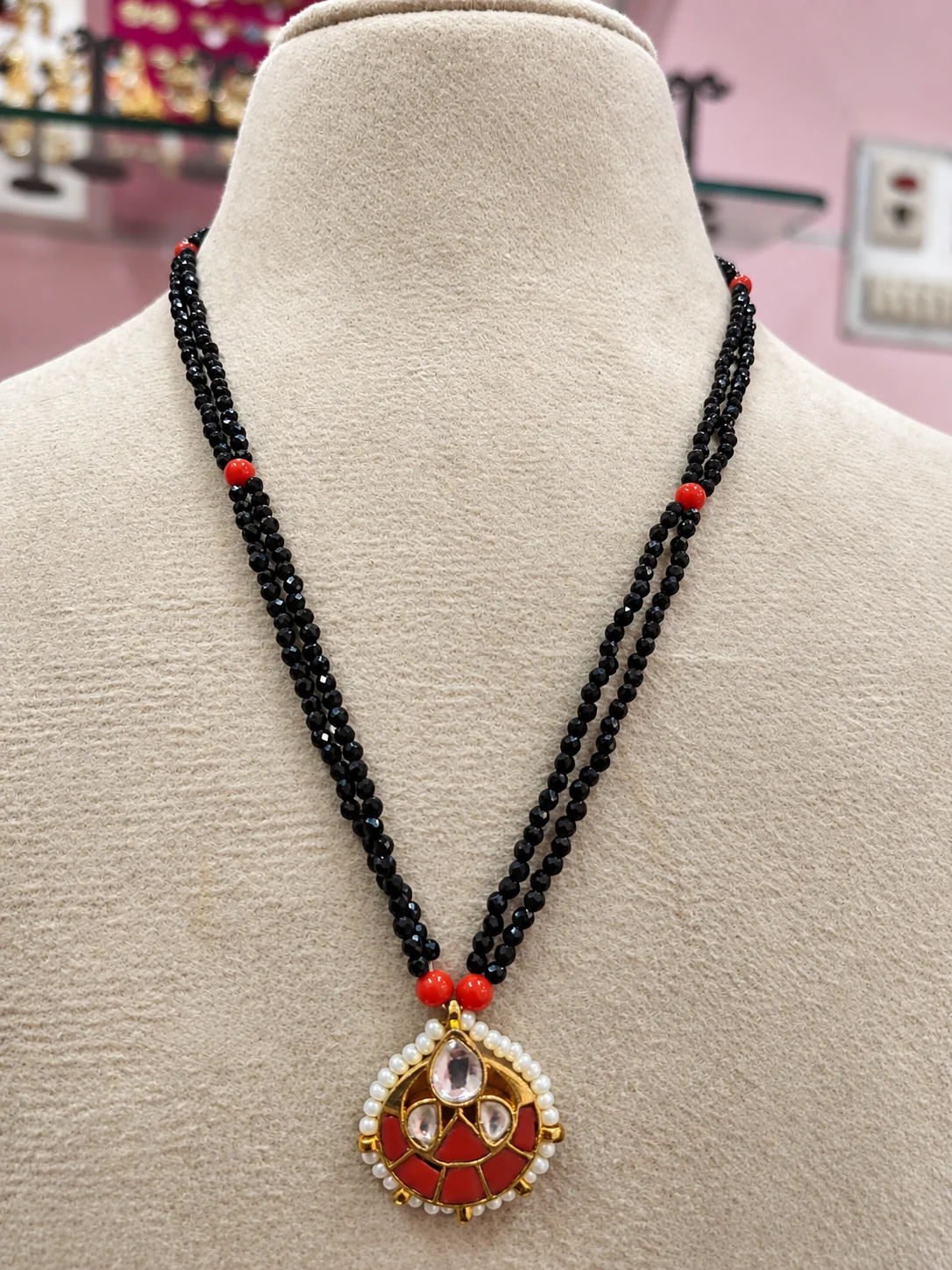 black-beads-double-string-designer-pendant-chain Black Beads Double-String Designer Pendant Chain - Image 1