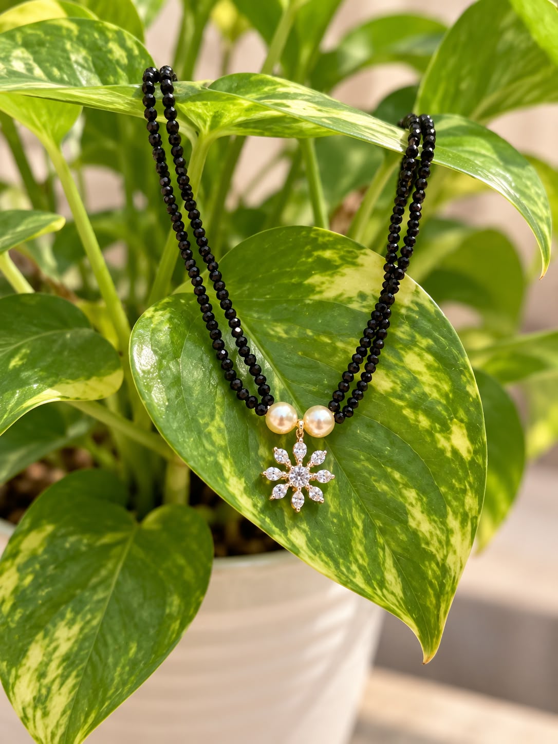 black-beads-double-string-pearl-pendant-chain Black Beads Double String Pearl & CZ Pendant Chain - Image 1