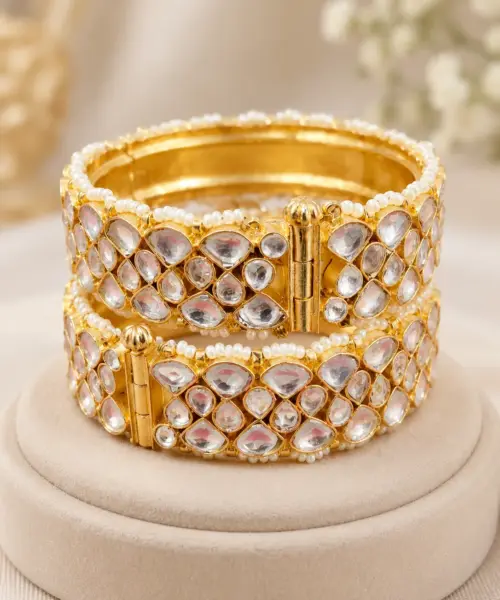 Designer Gold-Tone Statement Bangles with Sparkling Kundan Stones