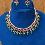 Designer Pink & Green Stone Pearl Necklace Set with Matching Earrings
