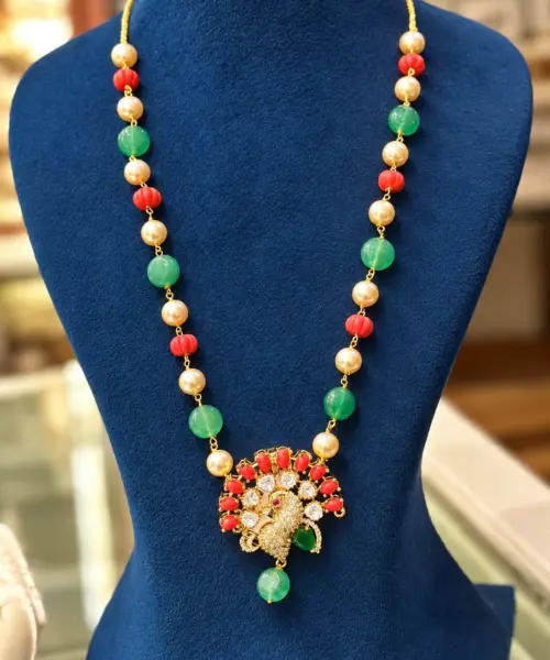 Elegant Multicolor Beaded Peacock Pendant Long Necklace