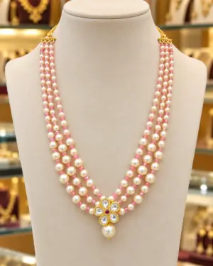 Elegant Pink Beads & Cream Pearl Choker Necklace with Floral Kundan Pendant