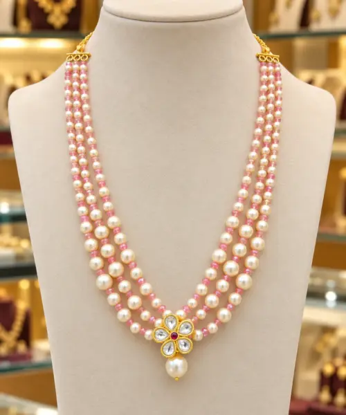 Elegant Pink Beads & Cream Pearl Choker Necklace with Floral Kundan Pendant