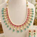 Elegant Pink & Mint Green Kundan Necklace Set with Matching Drop Earrings