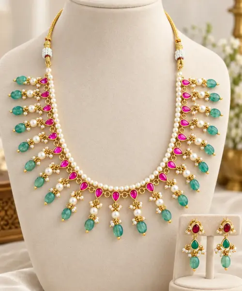 Elegant Pink & Mint Green Kundan Necklace Set with Matching Drop Earrings
