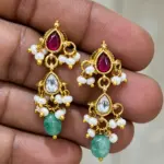 Elegant Red & Green Stone Pearl Dangle Earrings