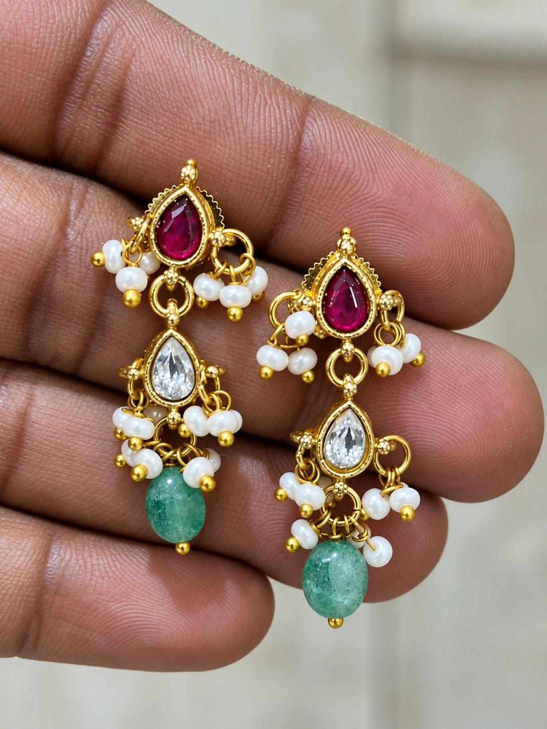 elegant-red-green-stone-pearl-dangle-earrings Elegant Red & Green Stone Pearl Dangle Earrings - Image 1