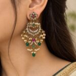Elegant Emerald Green & Ruby Moissanite Stone Pearl Dangle Earrings