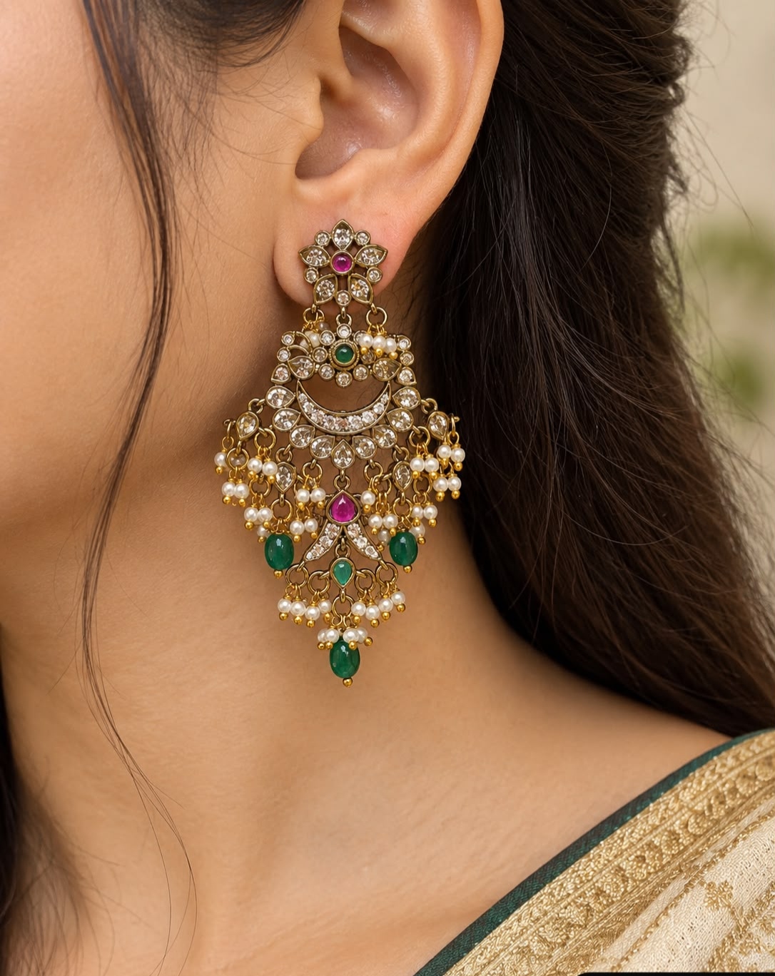 Oplus_16908288 Elegant Emerald Green & Ruby Moissanite Stone Pearl Dangle Earrings - Image 1