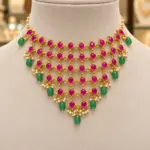 Ethnic Pink Kemp Stone Choker Necklace with Pearl Accents and Green Beads