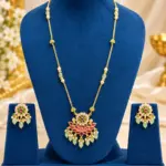 Gold Finish Kundan Necklace & Matching Earrings Set with Green Beads