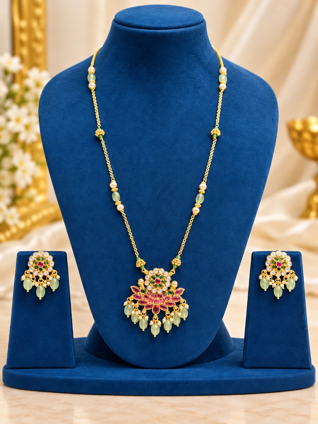 gold-finish-kundan-long-necklace-set-green-beads Gold Finish Kundan Necklace & Matching Earrings Set with Green Beads - Image 1