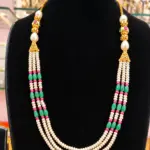 Elegant 3-Strand Pearl and Green Beads Necklace