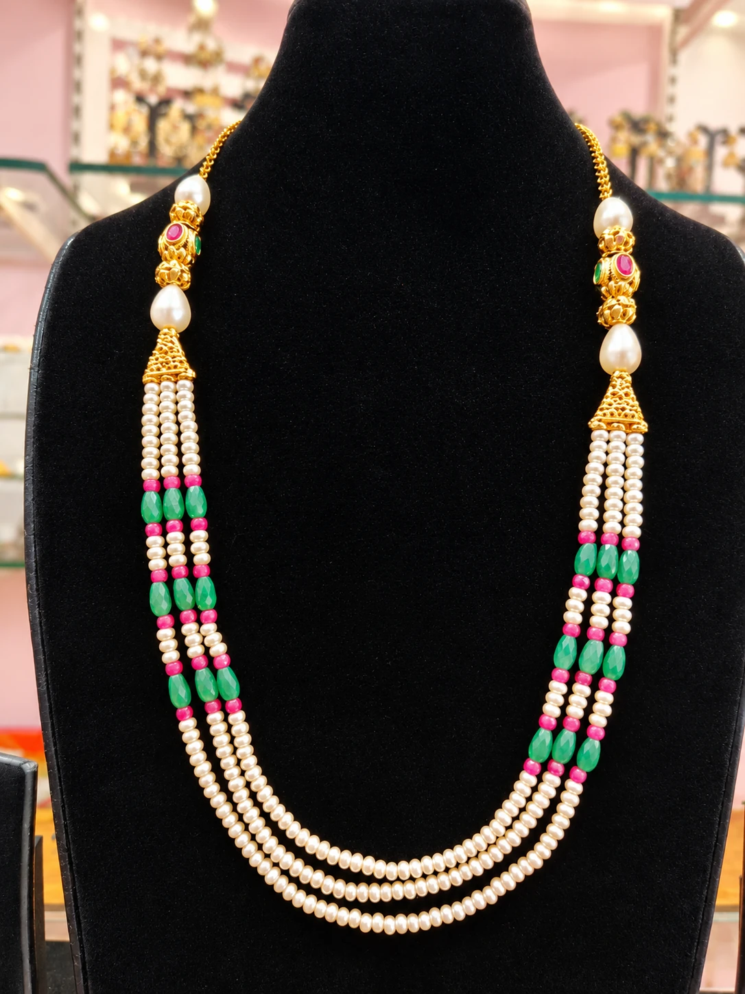gold-plated-3-strand-pearl-green-beads-necklace Elegant 3-Strand Pearl and Green Beads Necklace - Image 1