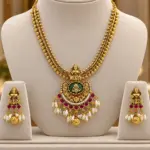 Gold Finish Goddess Lakshmi South Indian Temple Jewellery Set with Matching Pendant Earrings