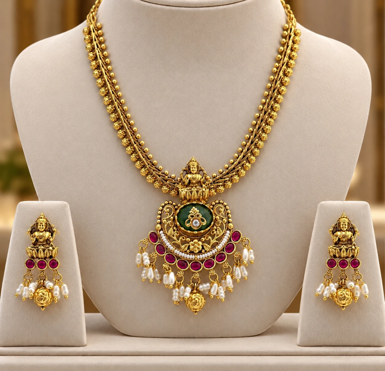 gold-plated-lakshmi-necklace-set-matching-earrings Gold Finish Goddess Lakshmi South Indian Temple Jewellery Set with Matching Pendant Earrings - Image 1