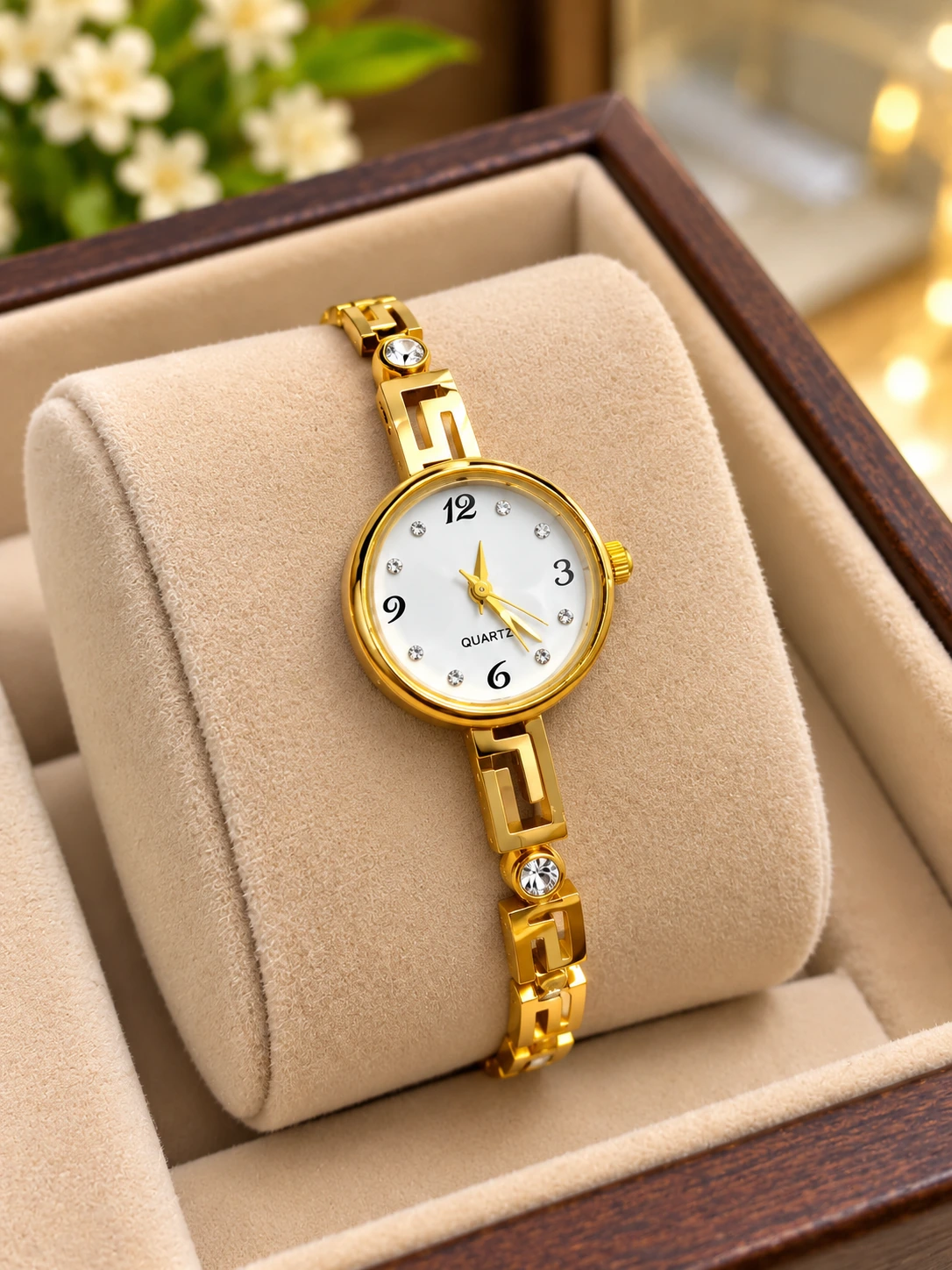 gold_quartz_watch_bracelet Stylish Gold-Tone Openable Quartz Bracelet Watch - Image 1