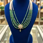 Elegant Green Beads Multi-Layer Pearl Necklace with Gold-Tone Floral Pendant