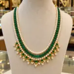 Green Beads & Pearl Layered Designer Mala with Green Stone Drops