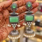 Oxidised Silver Emerald Green Jhumka Earrings
