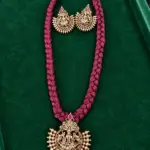 Lakshmi Devi Temple Pendant Braided Thread Necklace Set with Matching Earrings