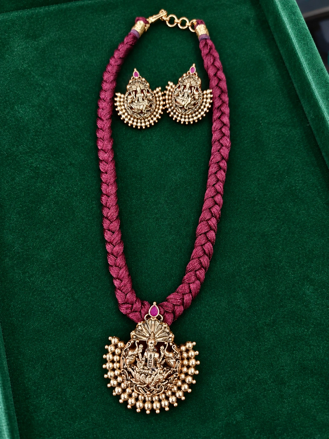 lakshmi-devi-temple-pendant-necklace-set Lakshmi Devi Temple Pendant Braided Thread Necklace Set with Matching Earrings - Image 1