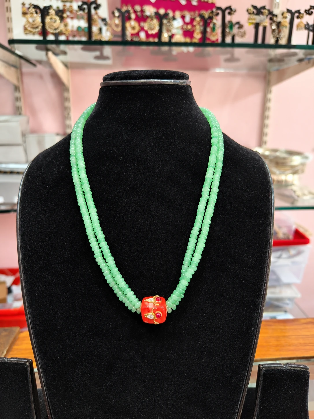 mint-green-beads-designer-coral-pendant-necklace Mint Green Beads Double-Strand Necklace with Designer Coral Pendant - Image 1
