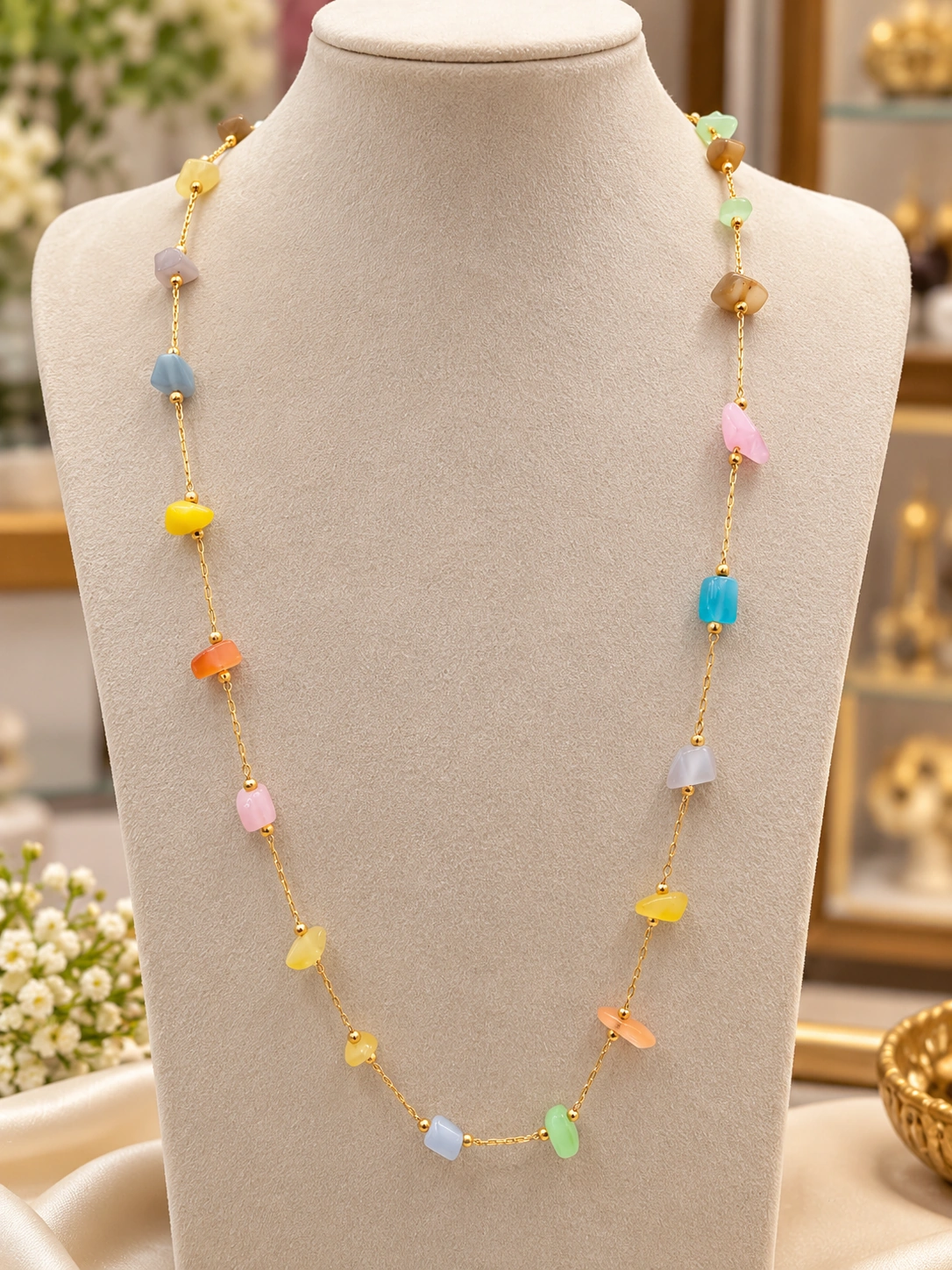 pastel_beaded_gold_chain_necklace Multicolor Pastel Stone Long Gold Finish Chain - Image 1