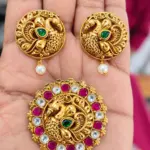 Peacock Design Antique Gold Pendant Set with Matching Earrings, Green Stones & Pearl Drops