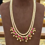 Pearl Layered Necklace with Pink Stone Drops