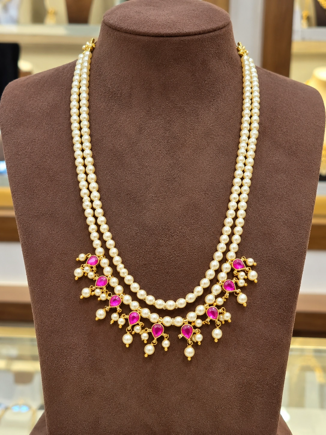 pearl-layered-necklace-with-pink-stone-drops Pearl Layered Necklace with Pink Stone Drops - Image 1
