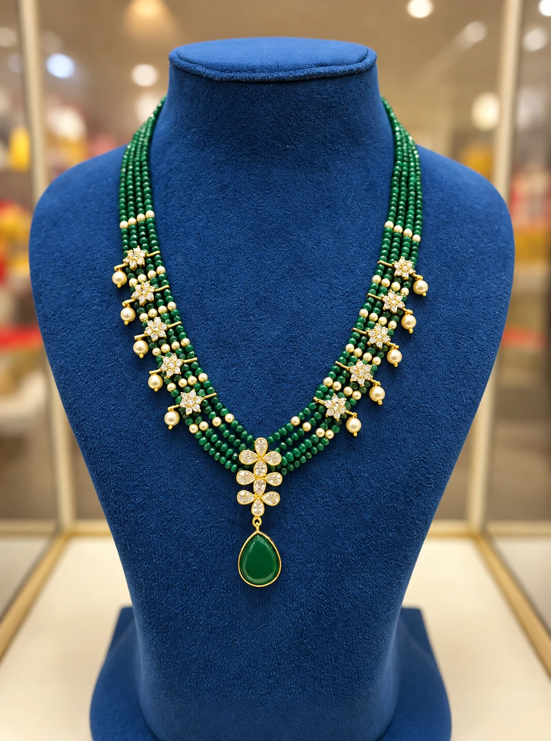 premium-emerald-green-gold-floral-necklace Premium Emerald Green Beaded Necklace with Gold Floral Pendant - Image 1
