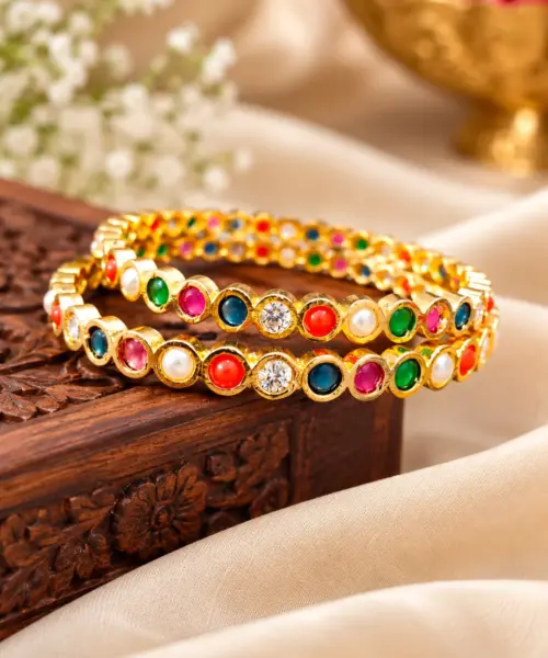 Premium Micro Gold-Plated Multicolor Navratna Stone Bangles