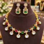 Premium Navratna Stone Choker Necklace Set with Moissanite Stones & Matching Earrings