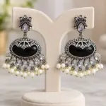 Premium Oxidised Silver Black Stone Pearl Drop Earrings