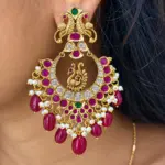 Premium Peacock Design Ruby & Emerald Stone Jhumka Earrings with Pearls