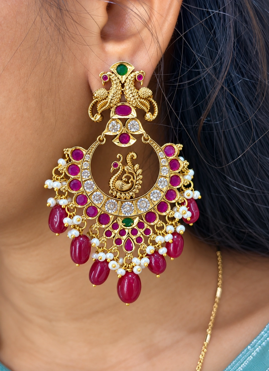 premium-peacock-ruby-emerald-stone-jhumka-earrings Premium Peacock Design Ruby & Emerald Stone Jhumka Earrings with Pearls - Image 1