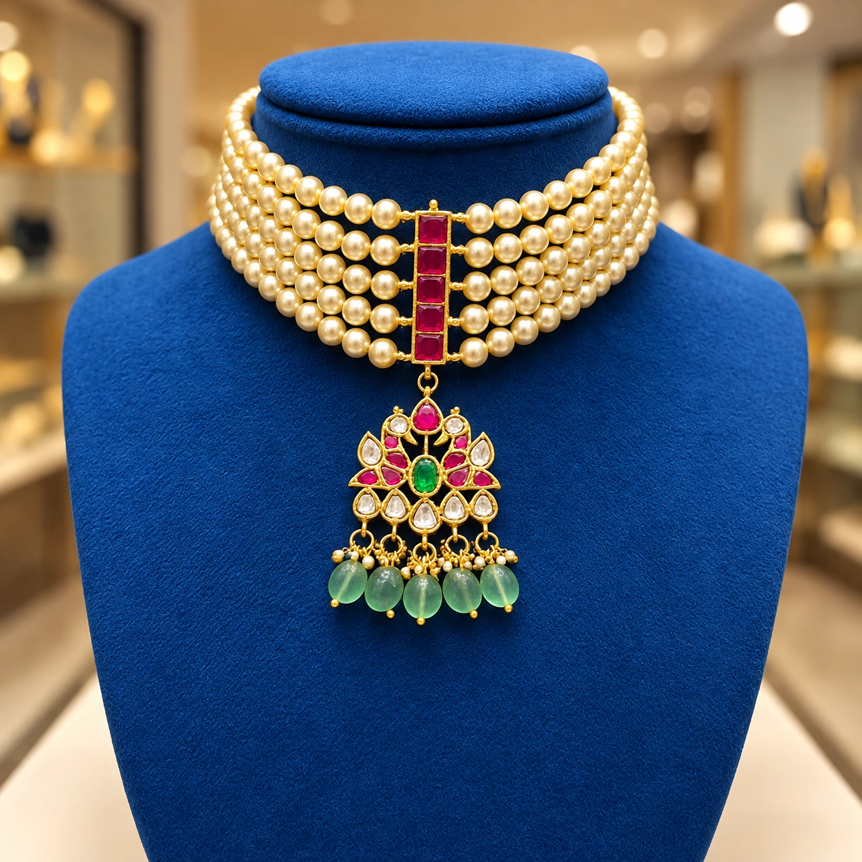 premium-pearl-choker-ruby-emerald-pendant Premium Gold Finish Pearl Choker with Ruby & Emerald Pendant - Image 1