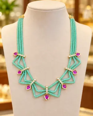 Regalia Luxe Green Beaded Necklace with Ruby Pink Pendant Details