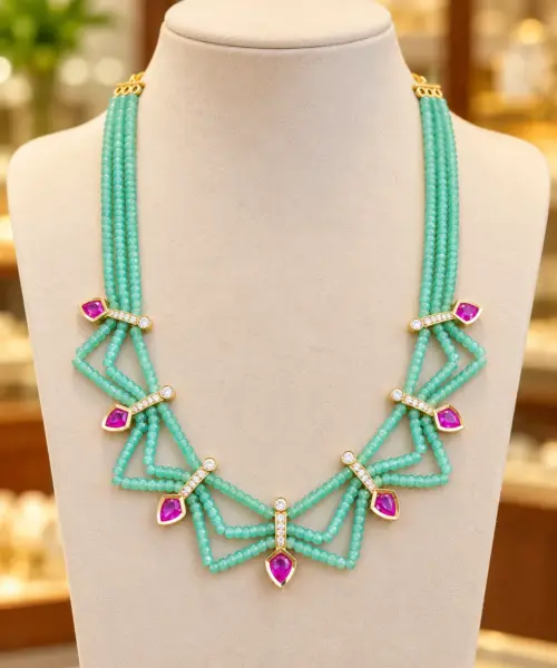 Regalia Luxe Green Beaded Necklace with Ruby Pink Pendant Details