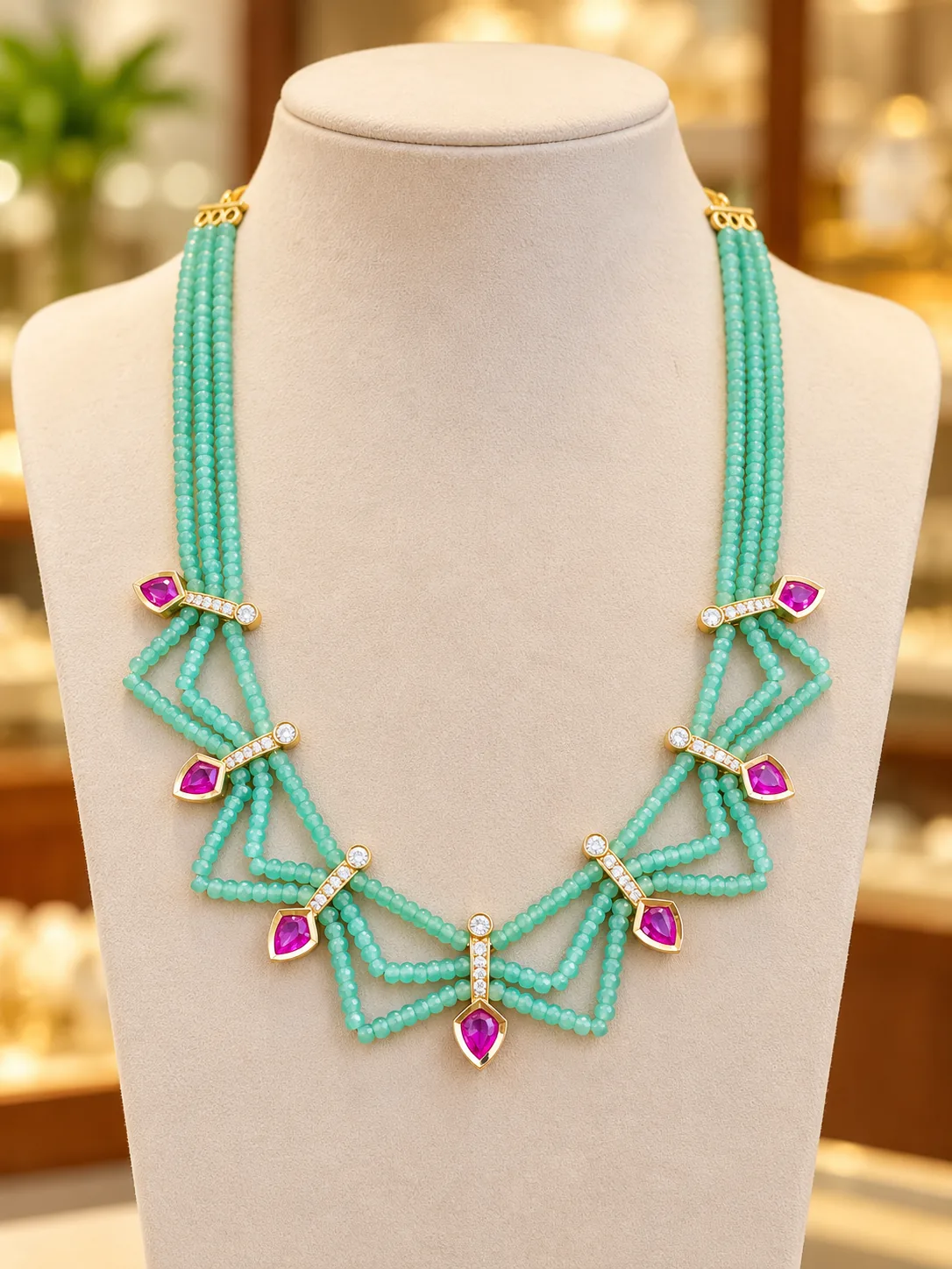 regalia-luxe-mint-green-bead-ruby-necklace Regalia Luxe Green Beaded Necklace with Ruby Pink Pendant Details