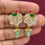 Elegant Ruby & Emerald Moissanite Stone Floral Dangle Earrings with Pearl Drops