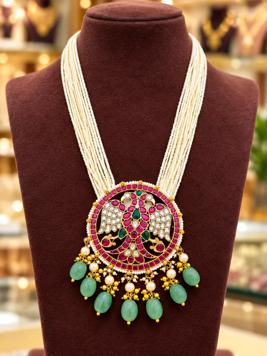 svk_collections_necklace_display Traditional Multi-Strand Pearl Haram Necklace with Peacock Design Kundan Pendant
