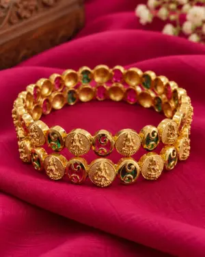 Traditional Gold-Plated Lakshmi Temple Kangans with Ruby & Emerald Stones
