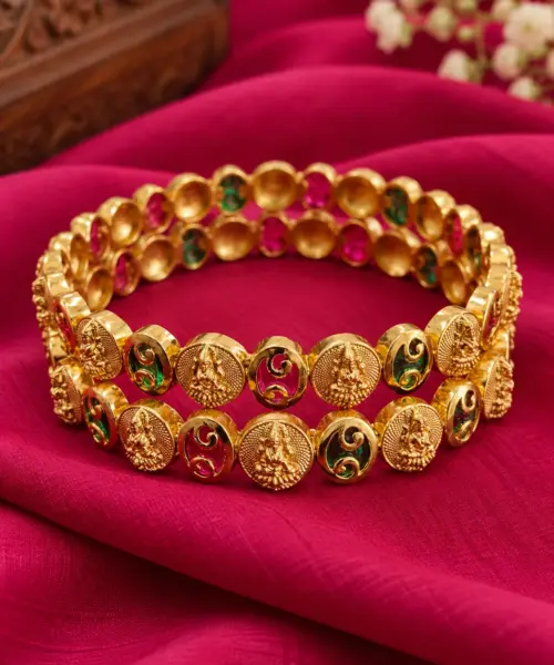 Traditional Gold-Plated Lakshmi Temple Kangans with Ruby & Emerald Stones